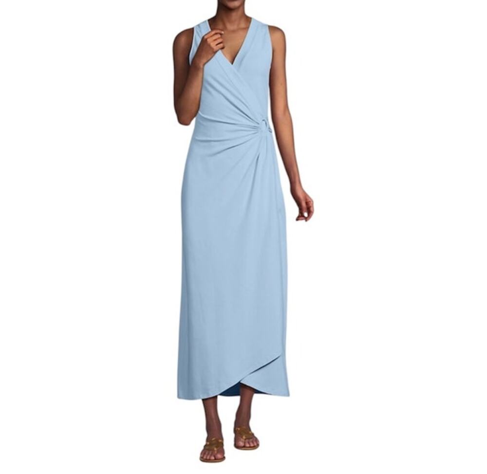Land's End dress M tall sleeveless tulip hem surplice faux wrap modal maxi blue